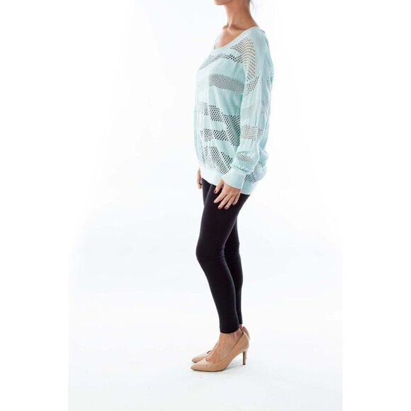 Vince Camuto Mint Green Open Knit Striped Sweater Women's XS Pullover Rayon - Picture 5 of 7